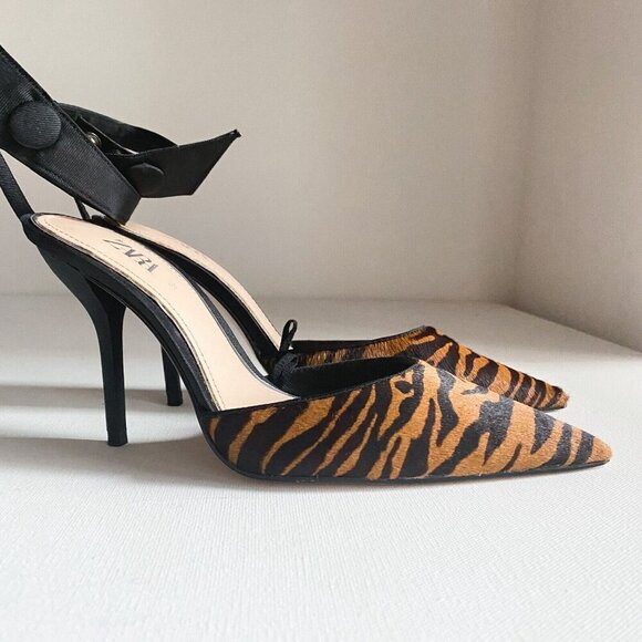 Zara Tiger Stripe Print Ankle Strap Pointy Toe Heels 37 - Picture 4 of 12